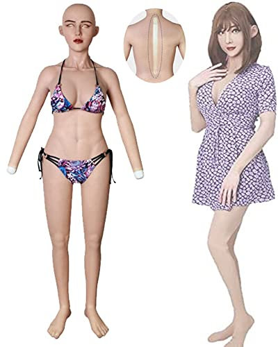 Realistic Silicone Bodysuit with Female Mask+Arms+Feet+Silicone Breast D Cup, One Piece Crossdressing Jumpsuit for Drag Queen Cosplay Transgender (Cotton Filler, Color#3)