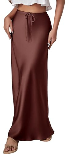FEOYA Women's Long Formal Satin Skirt High Waist Maxi Skirt Satin Skirt Silky Solid Color Skirt Elegant Skirt A Line Long Skirts Brown