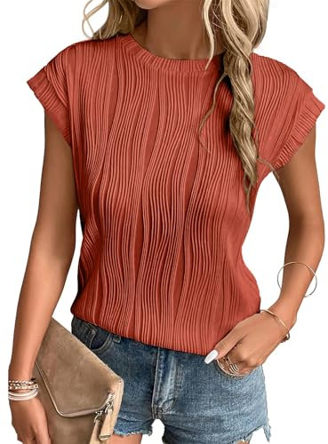 Gemulate Summer t Shirts for Women UK Cap Sleeve Casual Round Neck Blouses Summer Dressy Tops for Ladies Orange M
