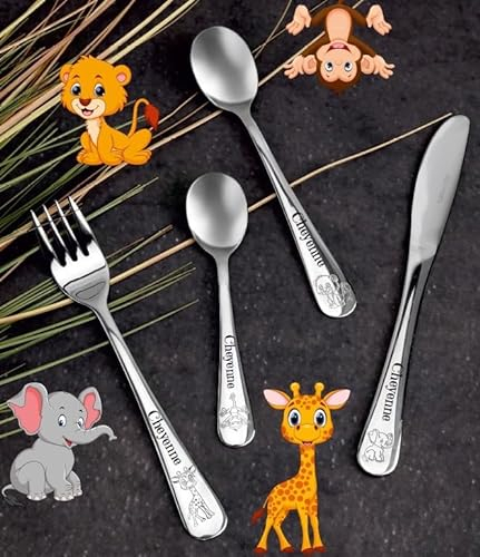Kinderbesteck mit Namensgravur,Edelstahl, 4-teilig, spülmaschinengeeignet – Geschenk zur Taufe, Taufgeschenke für Mädchen und Jungen, Kinderbesteck mit Gravur (Safari)