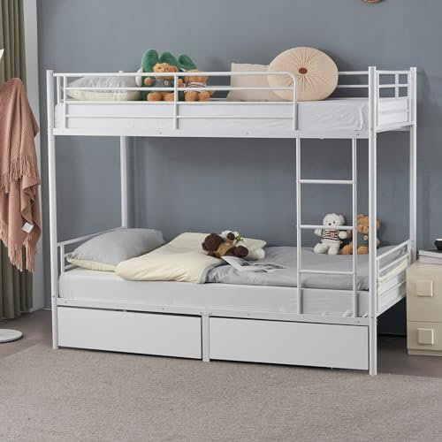 UATARU Double Bunk Bed For Kids Adults, Space-Saving Twin High Sleeper Beds with Storage for Home Bedroom Dormitory, Kids Bed with Guardrails & Stairs, White