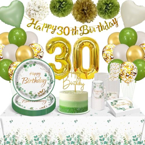 YIMAKJ Vaisselle Anniversaire 30 Ans, Eukalyptus Deco Anniversaire,100 PièCes Kit Anniversaire, Avec Assiettes Carton, Tasses, Serviettes, Set De Assiette Anniversaire Vert Pour 30 Ans Femme Homme