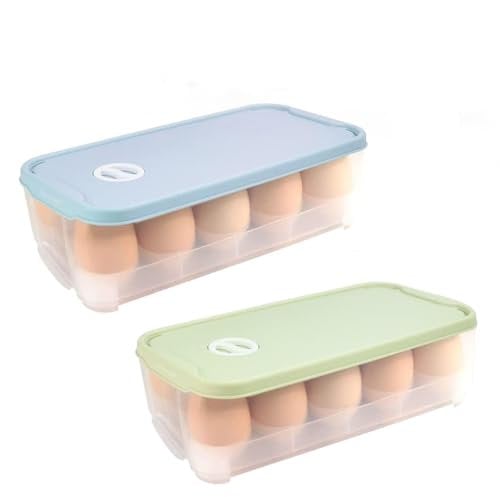 KNGNGK 2er Set Eierbox 10 Eier Eierbehälter mit Deckel Eieraufbewahrungsboxen für Kühlschrank Eier Transportbox Kunststoff Blau Grün