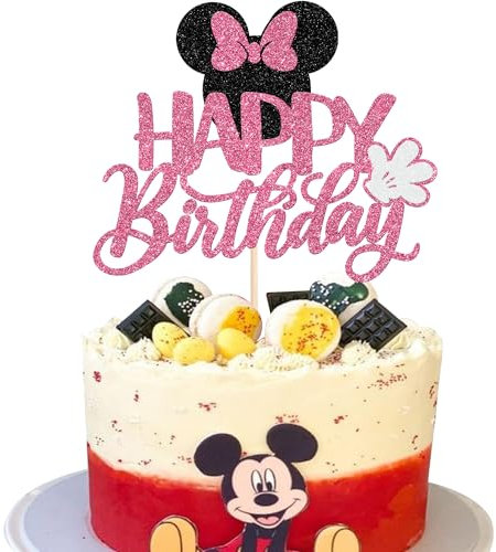 SYKYCTCY 1 Pack Mouse Happy Birthday Cake Toppers Glitter White Gloves Bow Mouse Inspired Birthday Cake Pick for Baby Shower Kids Birthday Party Cake Decorations Supplies Black Pink