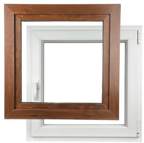 ALUCON Kellerfenster 500x500 mm – Fenster 50x50 cm – Kunststofffenster Innen Weiß/Außen Nussbaum – Flügelfenster DIN Rechts