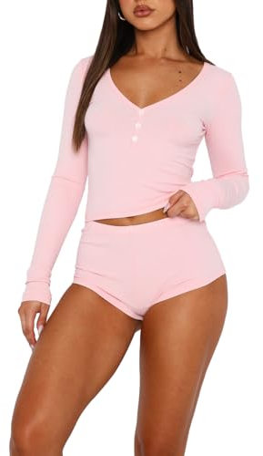 LACOZY Women's Pyjamas Long Sleeve Sleepwear Button-Down Y2K Crop Top Ladies Nightwear Pjs Lounge Pink M