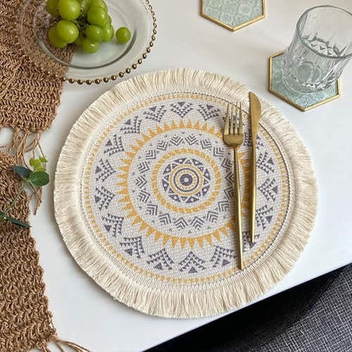 Homxi Tischsets 8er Set Waschbar,33 cm,Tischsets Platzsets Polyester Baumwolle Rund mit Vintage Blume und Quasten Platzdeckchen Gelb Grau