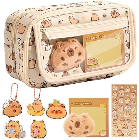 Capybara Federmäppchen, Mehrschichtige Federmäppchen mit Großem Fassungsvermögen, mit Capybara-Puppen-Schlüsselanhänger Broschen-Aufklebern, Abnehmbares 2-in-1-Federmäppchen mit Reißverschluss