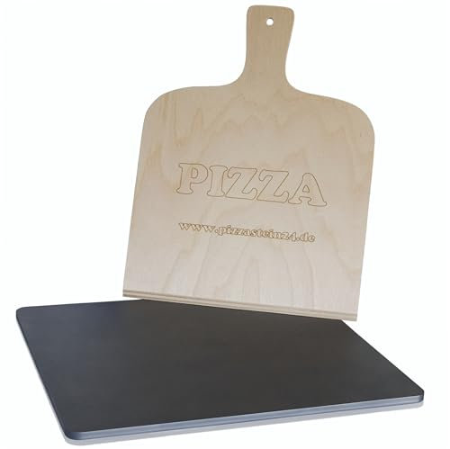 Pizzastahl für Backofen und Grill, gestrahlter Backstahl 38x33 cm, 8 mm Dicke, mit Pizzaschaufel - für perfekte Pizza und Brot wie aus dem Steinofen - Pizzastein aus Stahl