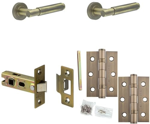Door Handle & Latch Set Antique Brass Fluted Barrel Lever Round Plain On Rose