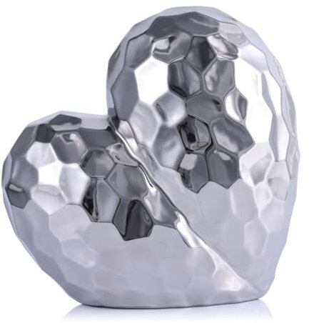 Keramische Herz-Skulptur in Silber - Moderne Wohnzimmer & Bürodekoration, Tischdekoration für Hochzeiten & Events - Romantisches Geschenk, 20 cm Höhe Tilt Heart-Silver