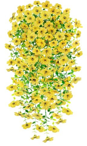 Epaing Kunstblumen Hängend, 2 Stück Künstliche Blumen für Draußen, Hängepflanze Künstlich, Hängende Kunstpflanzen, Künstliche Hängepflanzen für Haus Balcony Hof Hochzeit im Freien Indoor-Dekor(Gelb)