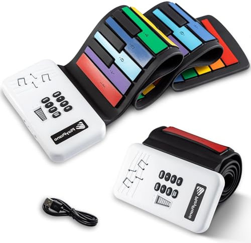 Trintion 49 Keys Keyboard Piano 75x16x1.97cm Roll Up Piano Keyboard Portable 8 Tones 6 Educational Demo Rechargeable Flexible Foldable Electronic Music Keyboard for Kids Adults