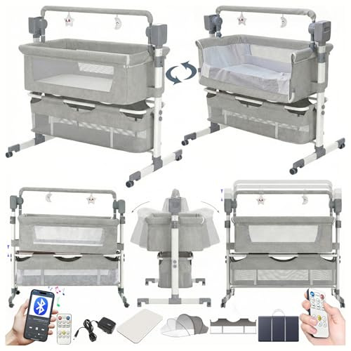 Magic ZC Elektrische Bluetooth Intelligent Beistellbett Baby mit Rollen, Faltbar Co-Sleeping Babybett, Fernbedienung und 5-schwankende Zahnräder, Stubenwagen Kleinkind Wiege mit Musik (601 Light Grey)