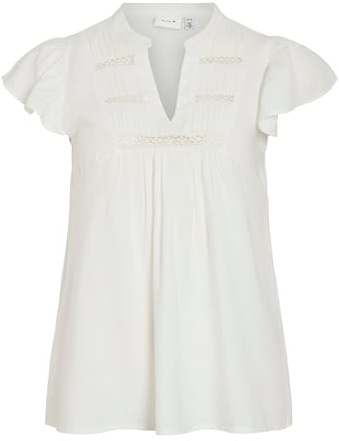 Vila Damen Bluse mit V-Ausschnitt und Rüschenärmeln, Dekorative Einsätze, Farben:Weiß, Größe:40