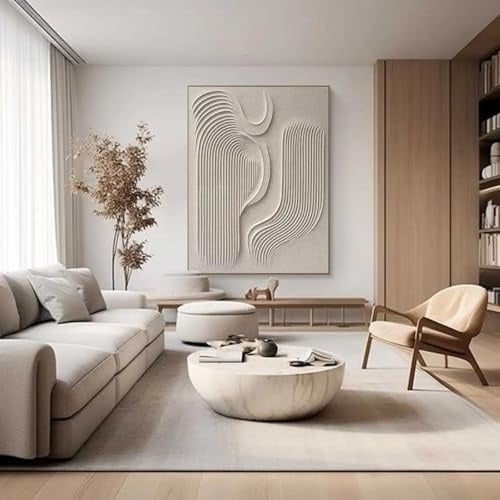 BMGKYAGL Grande peinture texturée 3D beige, peinture abstraite en plâtre beige sur toile, art mural Wabi Sabi, décoration murale, cadre 80x120cm