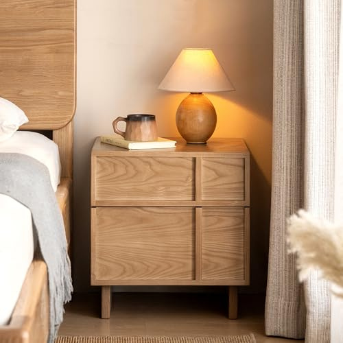 YESWOOD Modern Massivholz Nachttisch mit 2 Schublade,45x40x48cm,Natur | Kleines Nachttischchen aus Eiche mit großem Stauraum,nachtschrank für Schlafzimmer, Arbeitszimmer, Wohnzimmer und weitere