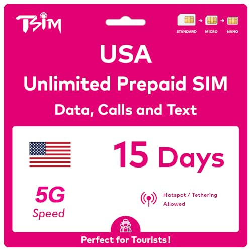 Scheda SIM USA valida per 15 giorni. Rete T-Mobile con dati illimitati ad alta velocità su 5G/4G/LTE | Chiamate e SMS locali illimitati negli Stati Uniti (inclusa Hawaii). Scheda SIM 5G!