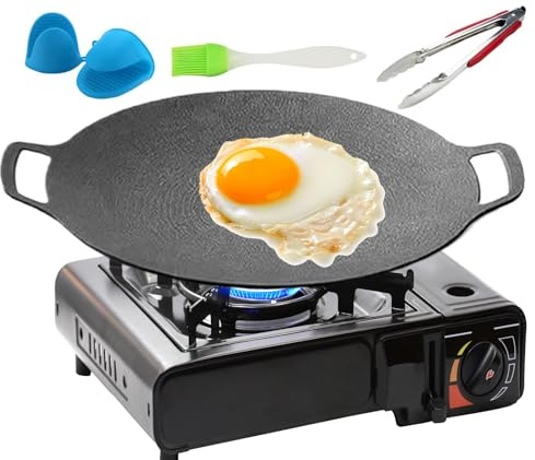 Koreanische Grillplatte, Gusseisenplatte mit Antihaftbeschichtung, Grillzubehör mit Bürste, Handschuhe und Zange, für Steak, Meeresfrüchte, Gemüse, Pfannkuchen, Fleisch, Rippchen