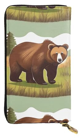 fdgbnm Brown Bear Walking Ledergeldbörse für Damen, RFID-Ledergeldbörse, großes Fassungsvermögen, Reißverschluss