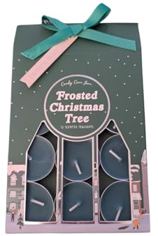 Crwp Candy Cane Lane Frosted Christmas Tree Scented Tealight Candles, 12-Pack Gift Box Set with Decorative Packaging, Dark Green and Pink with crwp Card.