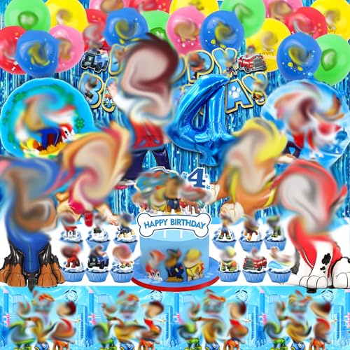 56 pcs Paw Geburtstag deko 4 Jahre, Paw Party Deko, Patr Deko Geburtstag Kinder, Patr Luftballon und Tischdecke, Kuchen Deko, Geburtstagsdeko Kindergeburtstag