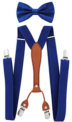 axy Herren Hosenträger mit Fliege im 2er Set Breit 2,5 cm X-Form und 4 Starken Clips PU25 (Blau)