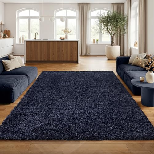 SIMPEX Shaggy Hochflor Teppich, 120x170 cm, Marineblau, weich, flauschig, modern, einfarbig, Für Wohnzimmer oder Schlafzimmer, für Wohnzimmer Schlafzimmer Flur