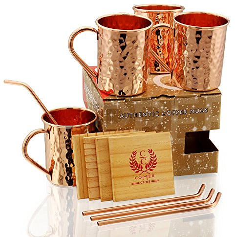 Copper Cure Copper Mugs - Set of 4 - Premium Quality Gift Set – 100% Handcrafted - Solid Copper Moscow Mule Mugs - 16 oz Hammered with Bonus: Copper Straws and Coasters