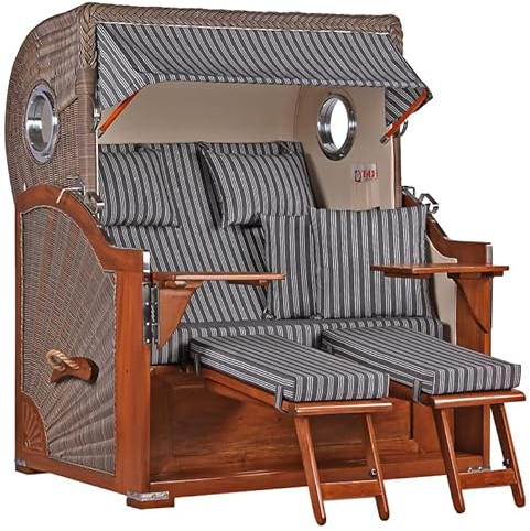 MR. DEKO® Strandkorb Baltikum 2,5-Sitzer Mahagoni | PE Geflecht Grey | Volllieger mit Bullaugen | je 2 Fußablagen, Kissen und Nackenkissen | Strandstuhl aus Mahagoniholz (Dessin 500)