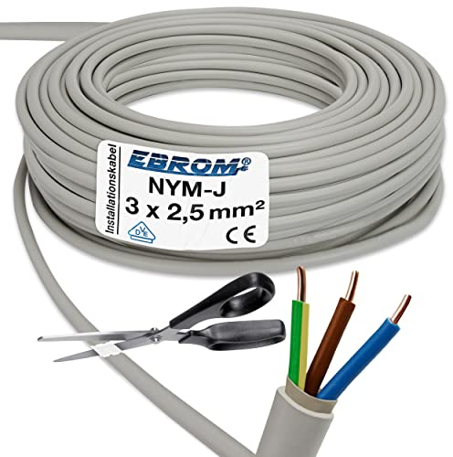 Merce a metraggio: NYM-J - Cavo d'installazione con guaina 3x2,5 mm² (mm2), colore: grigio, scelta della misura in passi da 1 metro - esempio: 5m, 10m, 15m, 18m, 20m, 25m - 50m e così via.
