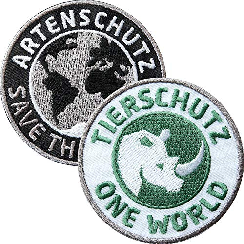 2er-Set Artenschutz und Tierschutz Abzeichen 60 mm gestickt/Save the Planet/Umwelt Natur Erde Welt Wildtiere Safari Elefant Tiger Nashorn/Aufnäher Aufbügler Flicken Sticker Patch
