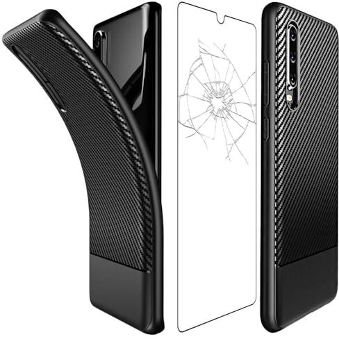 ebestStar - kompatibel mit Huawei P30 Hülle Kohlenstoff Design Schutzhülle, TPU Handyhülle Flex Silikon Case, Schwarz + Panzer Schutz Glas