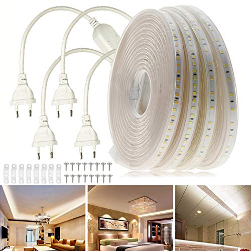 FOLGEMIR 10m Warmweiß LED Band ohne Leitungsdraht, 2835 SMD 120 Leds/m Strip, 220V 230V sehr helle Beleuchtung, IP65 wasserdicht Lichtschlauch