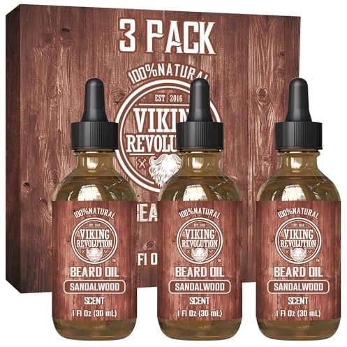 Viking Revolution Sandalwood Beard Oil for Men - Natural Mens Beard Oil with Argan Oil and Jojoba Oil - Beard Softener, Strengthens and Moisturizes - Beard Conditioner for Men (Sandalwood, 3 Pack)