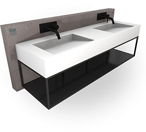 Wandbecken TWG16 aus Mineralguss - 153 x 45 x 15 cm - Farbe wählbar - Edelstahl Untergestell Schwarz matt optional, Farbe:Weiß matt, Untergestell:Untergestell 150S hängend