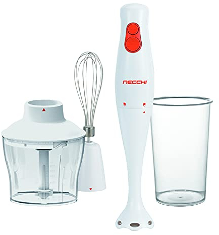 Necchi - NJHB-128 FULL SET Mixer a immersione più accessori, 300W, 2 velocità, asta frullatore in plastica staccabile, lame SUS301, ciotola da 350ml, frusta, misurino da 700ml