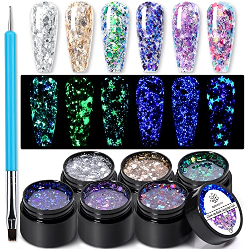Born Pretty UV Nagellack Glitzer, Reflective Glitter Gel Leuchtend Einweichen Gel Nagellack Sparkly Maniküre Lack 6 Farben mit Stiftpinsel