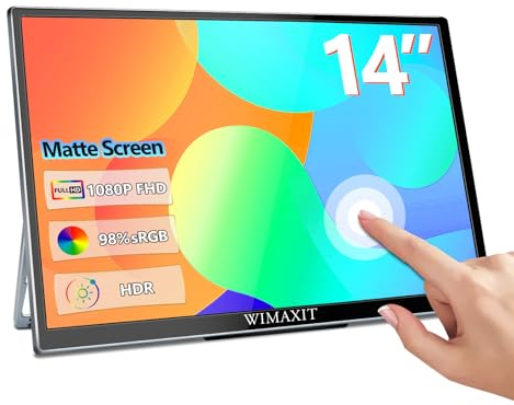 WIMAXIT Tragbarer 14-Zoll-Touchscreen-Monitor, externer Zweitbildschirm mit Zwei voll ausgestatteten Typ-C- und Mini-HDMI-Anschlüssen mit faltbarem Ständer für Laptop, PC, PS4, Xbox, Android-Telefon
