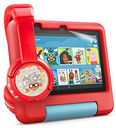 Fire 7 Kids tablet (32 GB, Red) + BuddyPhones PlayTime Bluetooth Child Headphones (Poppy Red) + NuPro Screen Protector (2-pack)