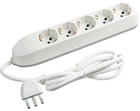 BTICINO Ciabatta Multipresa Elettrica Poker 5 Posti, 5 Prese Polivalenti (Schuko 10/16A e Bipasso), Ciabatta Elettrica con Interruttore, Cavo 1,5m Spina 16A, Salvaspazio,Robusta e Professionale,Bianco