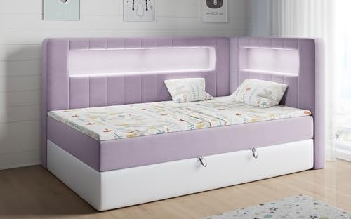 MKS MEBLE Kinderbett mit Led, Boxspringbett 90x200 mit Led, Einzelbett mit Bettkasten und Topper, Kinderbett mit Matratze und Stauraum - Gold 3 Junior - Violett und Weiß - Rechts