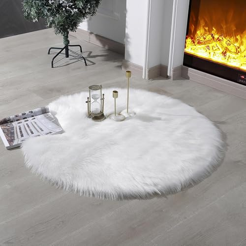 linmopm Fellteppich Schaffell Zottel flauschig, Weiß, 90x90 cm Rund
