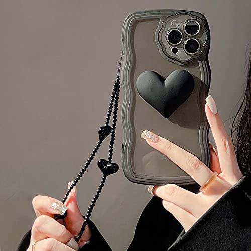Bakicey Handyhülle für iPhone 11 Hülle mit Perlenkette Aesthetic Schwarz 3D Herz Design Schutzhülle TPU Frauen Mädchen Glitzer Kratzfest Case mit Süßes Chain für iPhone 11