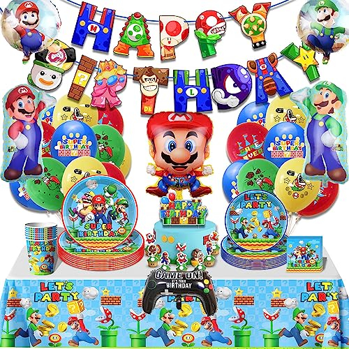 Super Marios Decoracion Cumpleaños - 94 Piezas Mario Bros Pancarta, Adorno para Tarta,Vajilla,toallas de papel,Mantel,Globo Aluminio de Latex,Adornos Suministros Infantil Fiestas