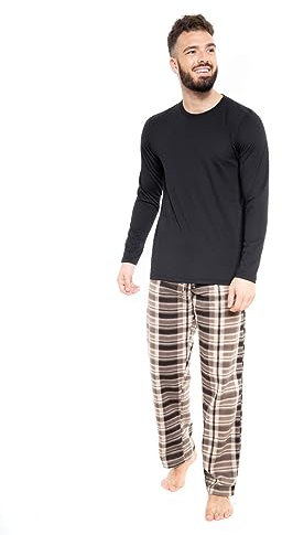 Mens Long Sleeve Pyjamas Set Cotton Rich Top Brushed Fleece Bottoms Top Pants PJ Pajamas Loungewear/Nightwear Gift (Black - Beige/Brown Check Pants - Medium)