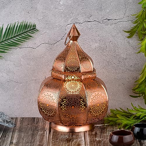Marrakesch Lampe und Laterne in einem aus Metall 30 cm groß | Tischlampe Windlicht Lamisa Kupfer als Orientalische Dekoration