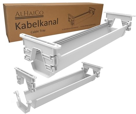 ALHAICO einhängbarer Kabelkanal für Schreibtisch - Kabelwanne höhenverstellbar und klappbar - Kleben oder anschrauben, weiß - Kabelmanagement - Kabelbox - Kabelführung für Büro - 2 Stück x 55 cm