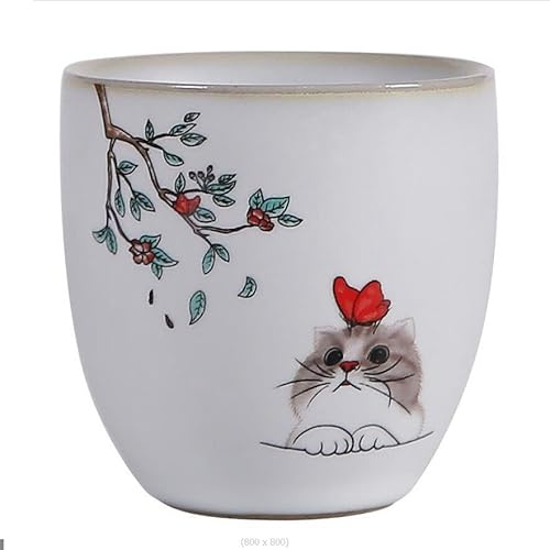 EatingBiting 110ml hand made Pottery Coffee Tea Cup Coffee Mugs Antique Ru Kiln Teacup Ceramic Kong Fu Gift Tea Cup for Office & Home, Cat and Butterfly Microwave and Dishwasher Safe, Hot Cold Drink