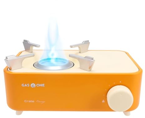 GASONE Gas One - Fornello a gas butano – Serie Crate – Mini fornello per campeggio, escursionismo – Fornello a gas portatile con fiamma a spirale – distribuzione uniforme del calore – Moderna e facile
